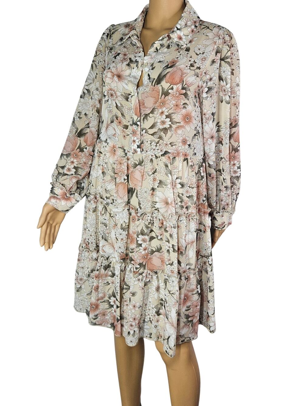 Beige Button Up Sheer Floral Midi Tired Long Sleeve Dress Kate and Lily Size 10P